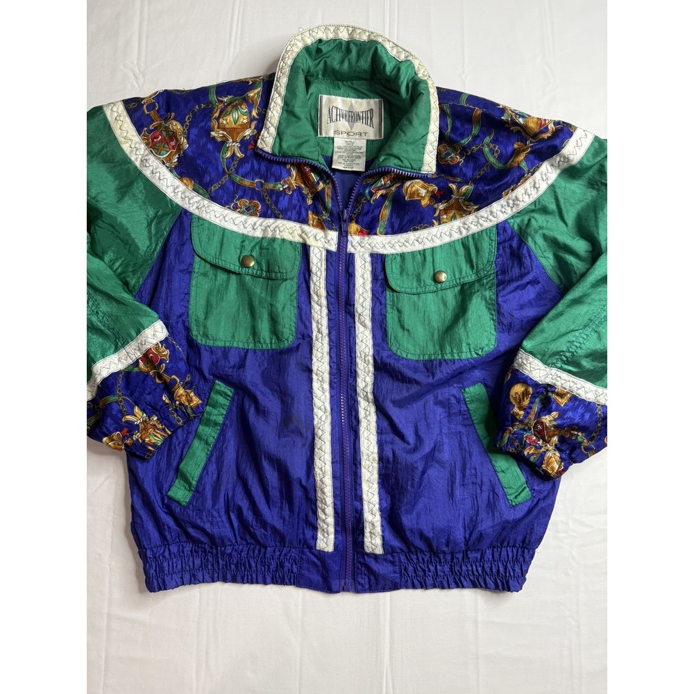 Vintage Active Frontier Jacket Size S Blue Green Art Print Nylon 90s Windbreaker